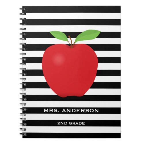 Black Stripes, Red Apple Personalized Teacher Notebook - This teacher notebook features a trendy black and white stripe pattern with a graphic of a red apple and custom text for a teachers name and grade.