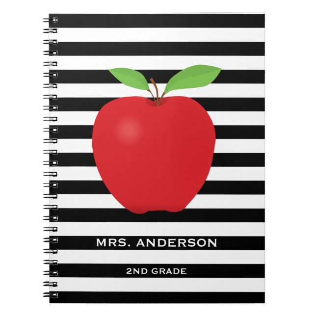 Black Stripes, Red Apple Personalized Teacher Notebook (Front)