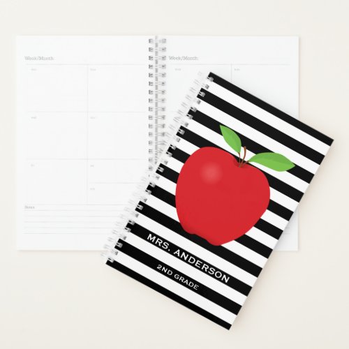 Black Stripes, Red Apple Personalized Teacher Planner - This planner features a design for a teacher. The background is a trendy black and white horizontal stripe pattern with a digital illustration of a red apple. Custom text allows you to add the teacher's name and grade.