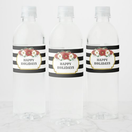 Black Stripes Red Flowers Gold Happy Holidays Water Bottle Label