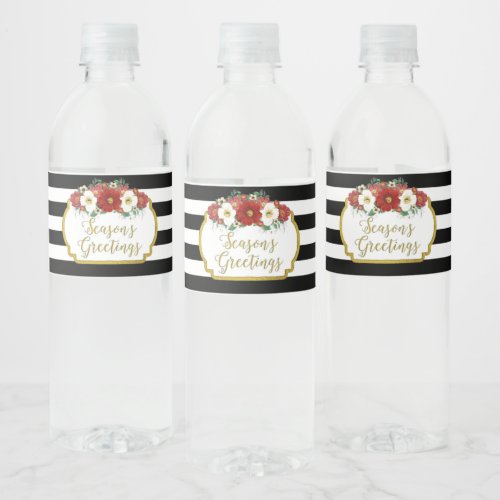 Black Stripes Red Flowers Gold Seasons Greetings Water Bottle Label