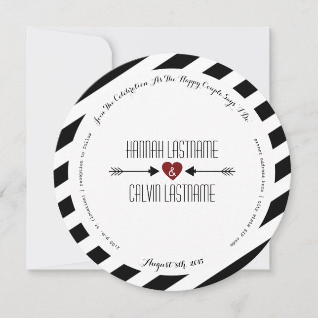 Black Stripes Red Heart + Arrows Round Wedding Invitation (Front)