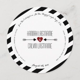 Black Stripes Red Heart + Arrows Round Wedding Invitation