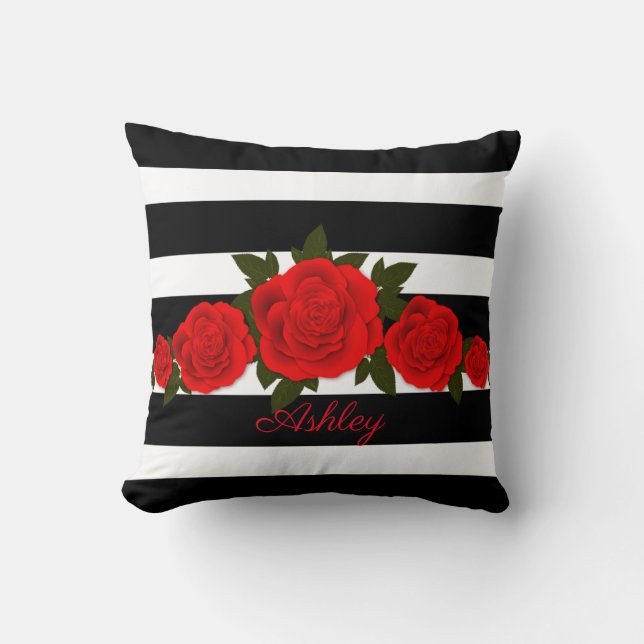 Black Stripes Red Roses Throw Pillow (Front)