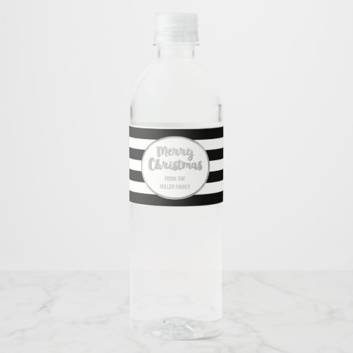 Black Stripes Silver Custom Merry Christmas Water Bottle Label