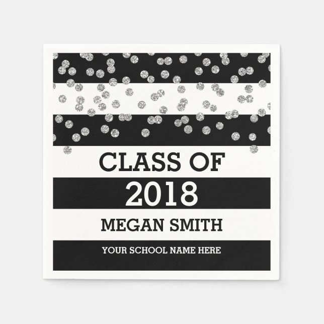 Black Stripes Silver Dots Class of 2018 Graduation Napkins (Front)