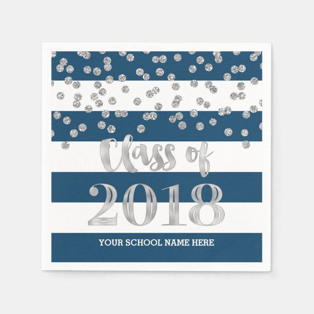Black Stripes Silver Dots Class of 2018 Graduation Paper Napkins (Front)