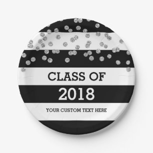 Black Stripes Silver Dots Class of 2018 Graduation Paper Plates