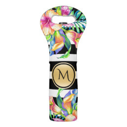 Black Stripes &amp; Tropical Flowers Bouquet Wine Bag