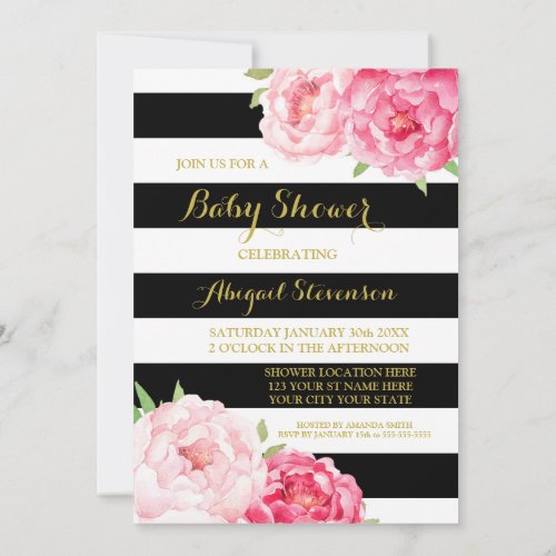 Black Stripes Watercolor Flowers Baby Shower Invitation