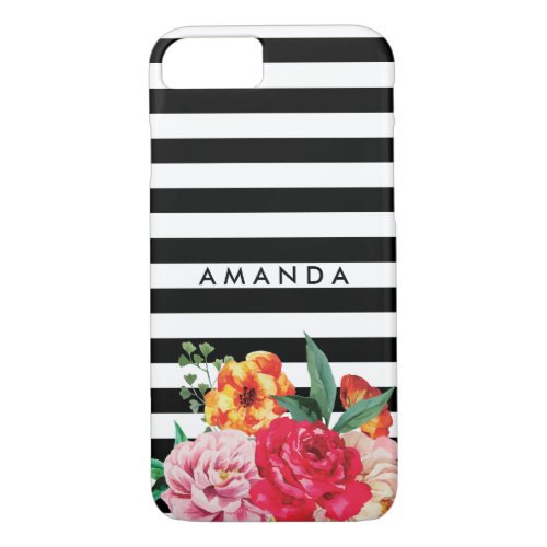 Black stripes Watercolor Peony Flower YOUR NAME iPhone 87 Case