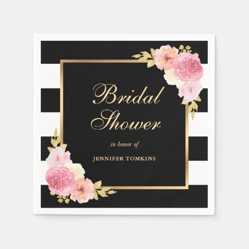 Black Stripes Watercolor Pink Floral Bridal Shower Napkins