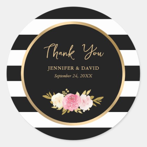 Black Stripes Watercolor Pink Floral Thank You Classic Round Sticker