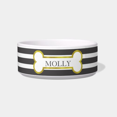 Black Stripes with Gold Bone Personalized Pet Bowl