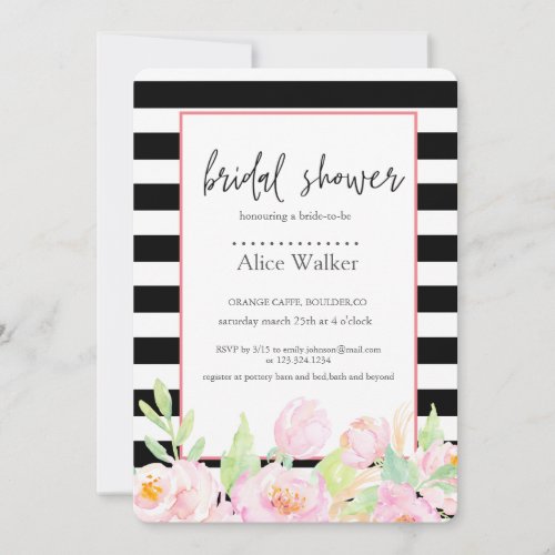 Black stripes with peonies bridal shower card