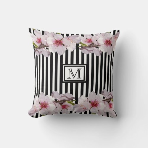 Black strips pink cherry florals monogram initial throw pillow