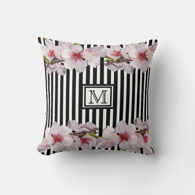 Black strips pink cherry florals monogram initial throw pillow (Front)