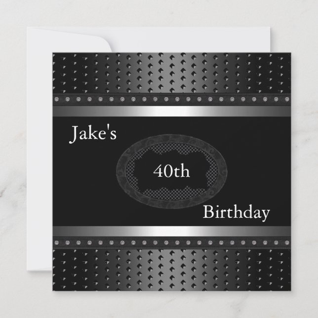 Black Studs 40th Birthday Party Silver Mens Invitation (Front)
