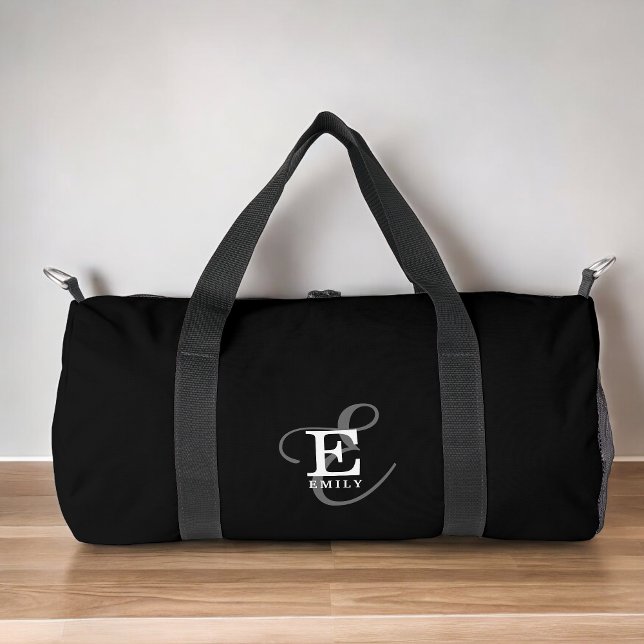 Black Stylish Calligraphy Monogram and Name Duffle Bag (Personalize with your name and monogram initial.)