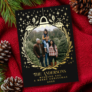 Black Stylish Christmas Foliage Ornament Photo Foil Holiday Card