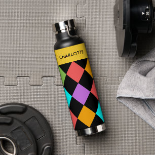 Black Stylish Geometric Diamond Pattern Monogram Water Bottle