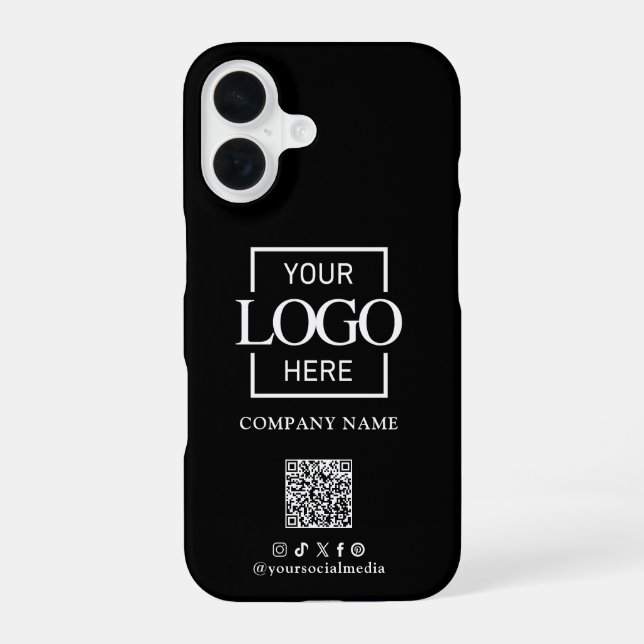 Black Stylish Minimalist Business Logo & QR Code iPhone Case (Back)