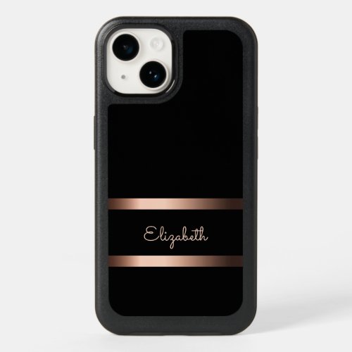 Black stylish rose gold name minimalist script OtterBox iPhone 14 case