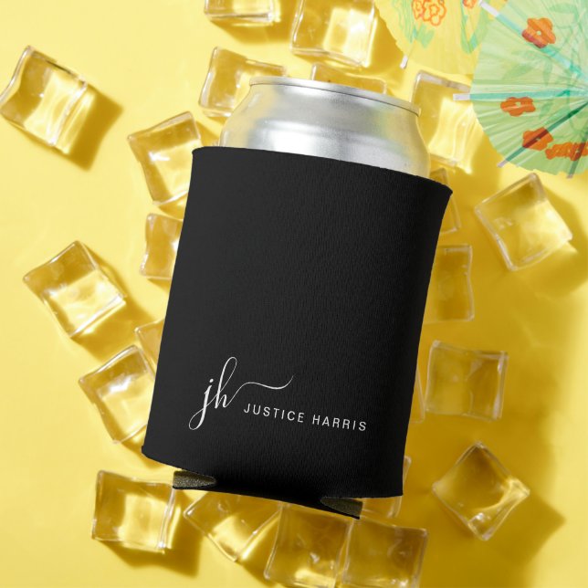 Black Stylish Script Monogram Modern Personalized Can Cooler (In Situ Summer)