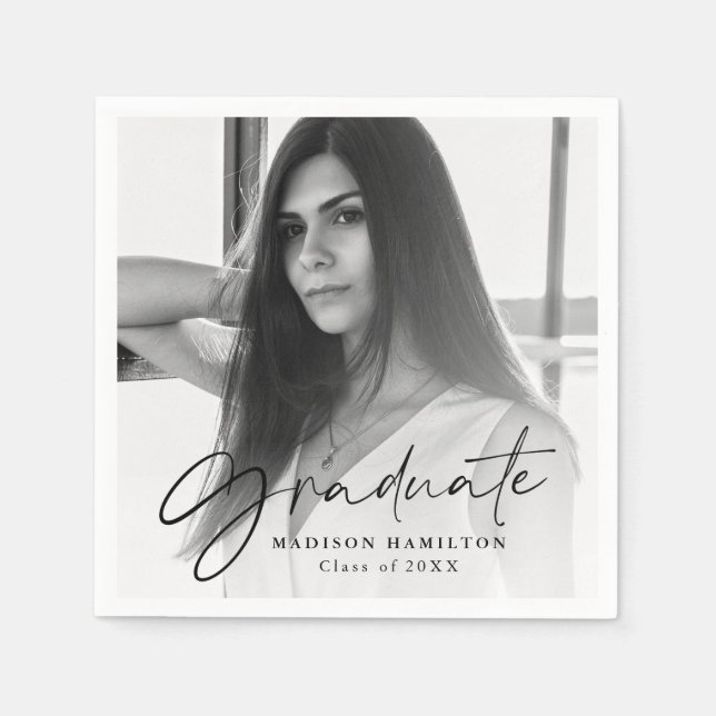 Black | Stylish Script Photo Graduation Napkins (Front)