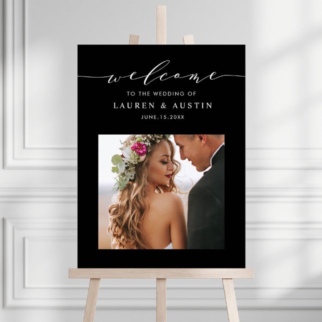 Black Stylish Script Photo Wedding Welcome Sign (Creator Uploaded)