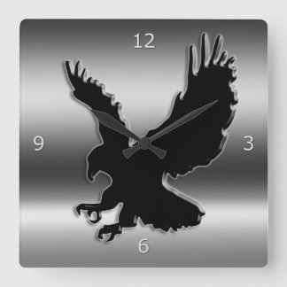 Black stylized Eagle on faux metallic-look Square Wall Clock