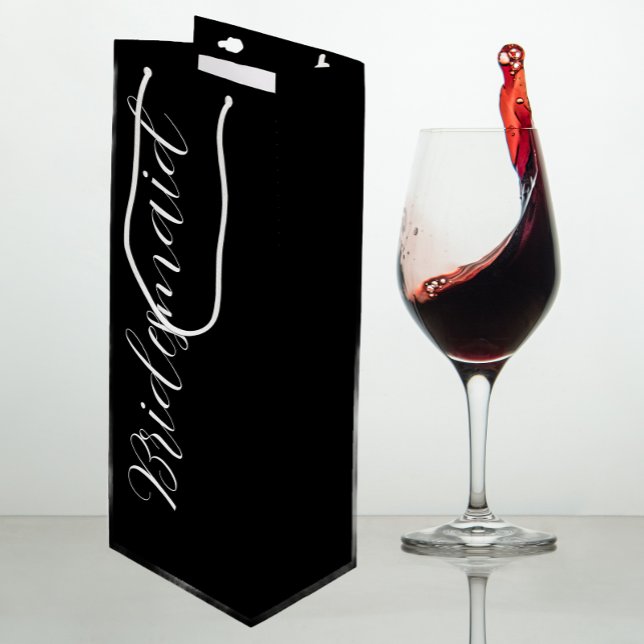 Black Stylized Script Wedding Bridesmaid Wine Gift Bag (In Situ)