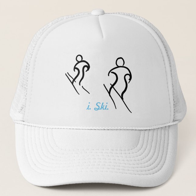 Black Stylized Skiers Skiing and i. Ski. text Trucker Hat (Front)