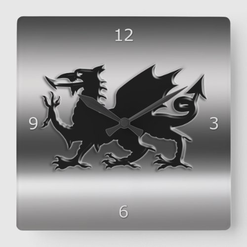 Black stylized Welsh Dragon on metallic_look Square Wall Clock
