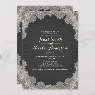 Black Suede Leather Vintage Lace Western Wedding Invitation