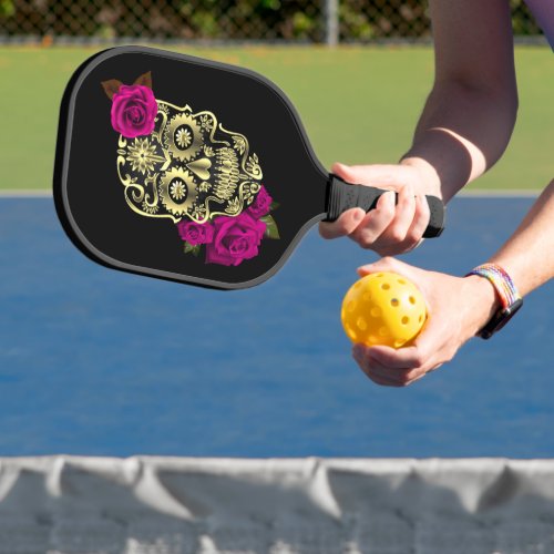 Black Sugar Skull Day Of The Dead Pink Roses Pickleball Paddle