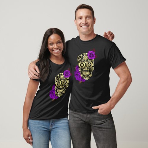 Black Sugar Skull Day Of The Dead Purple Roses T_Shirt