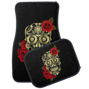 Black Sugar Skull Day Of The Dead Red Roses Car Floor Mat