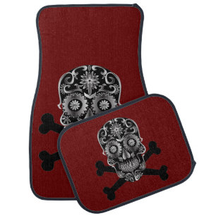 Black Sugar Skull Day Of The Dead Skull Crossbones Car Floor Mat