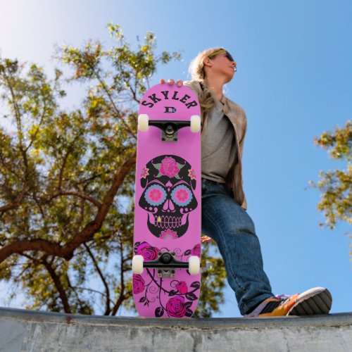 Black Sugar Skull on Pink Dd Brand  Skateboard