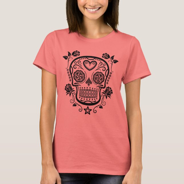 Black Sugar Skull with Roses T-Shirt (Front)
