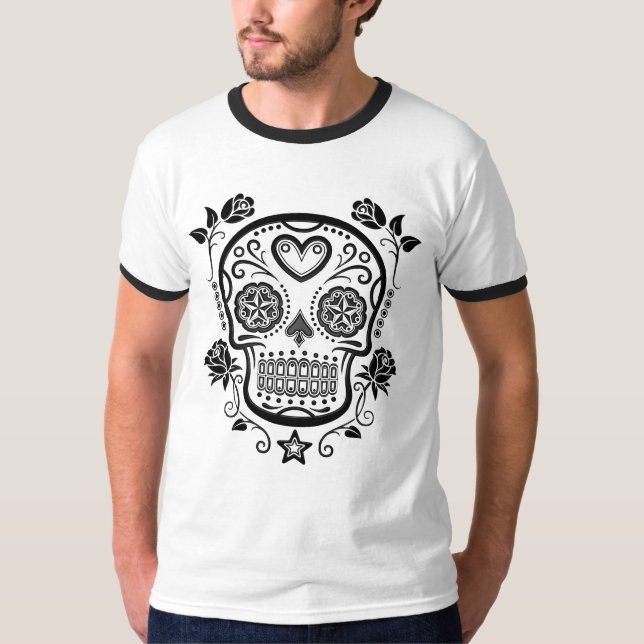 Black Sugar Skull with Roses T-Shirt (Front)