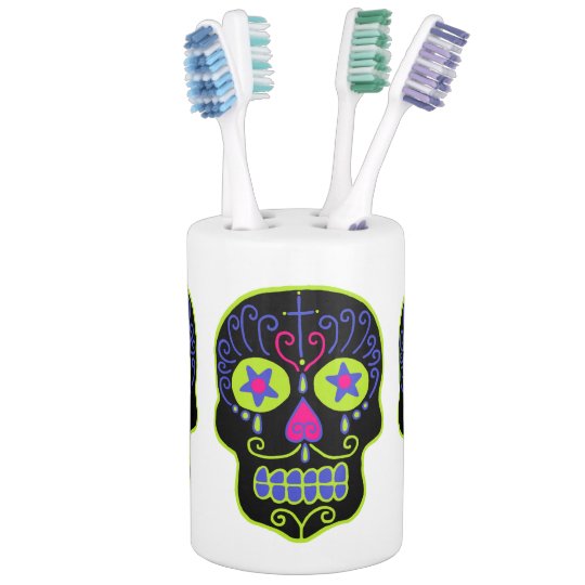 Black Sugar Skulls Soap Dispenser And Toothbrush Holder