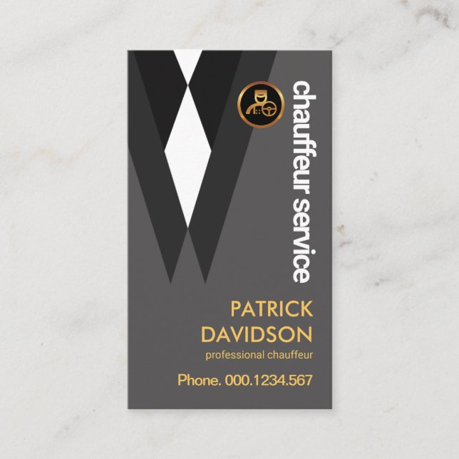 Black Suit Elegance Chauffeur Driver Lapel Pin Business Card (Front)
