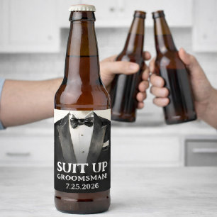 Black Suit Groomsman Proposal Beer Labels Suit Up