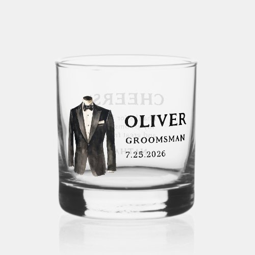 Black Suit Groomsman Proposal Whiskey Glass