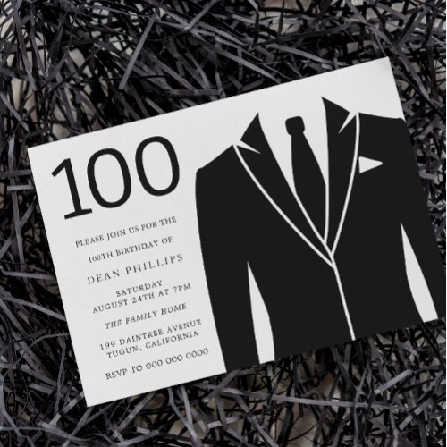 Black Suit  Tie 100th Birthday Party Invitation