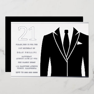 Black Suit & Tie 21st Birthday Party Real Silver Foil Invitation