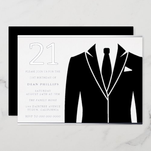 Black Suit  Tie 21st Birthday Party Real Silver Foil Invitation