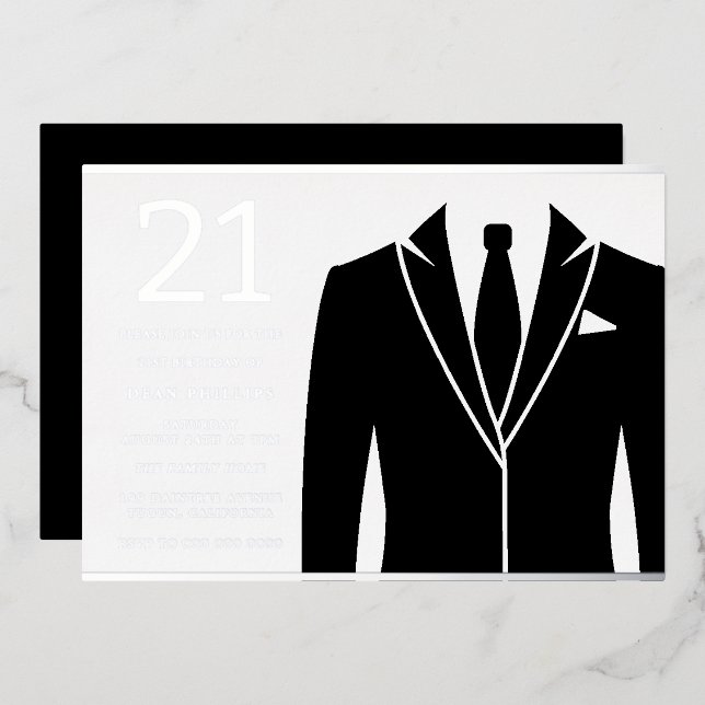 Black Suit & Tie 21st Birthday Party Real Silver Foil Invitation (Front/Back)